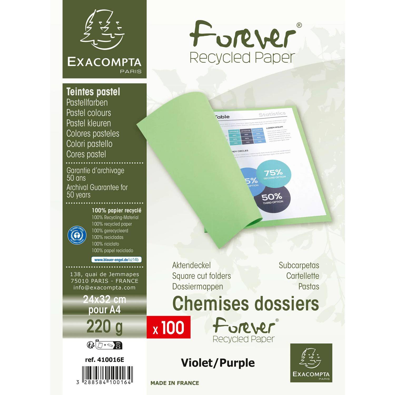 Exacompta 5x Pack 100 Aktendeckeln Recycling 220g A4 - Flieder - 410016E