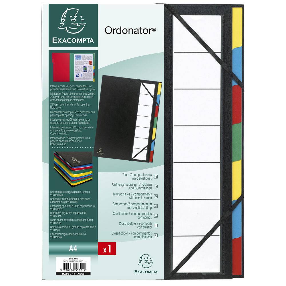 Exacompta 6x Ordnungsmappe Deckel 3mm Gummizug 7 Fächer A4 Schwarz 55321E