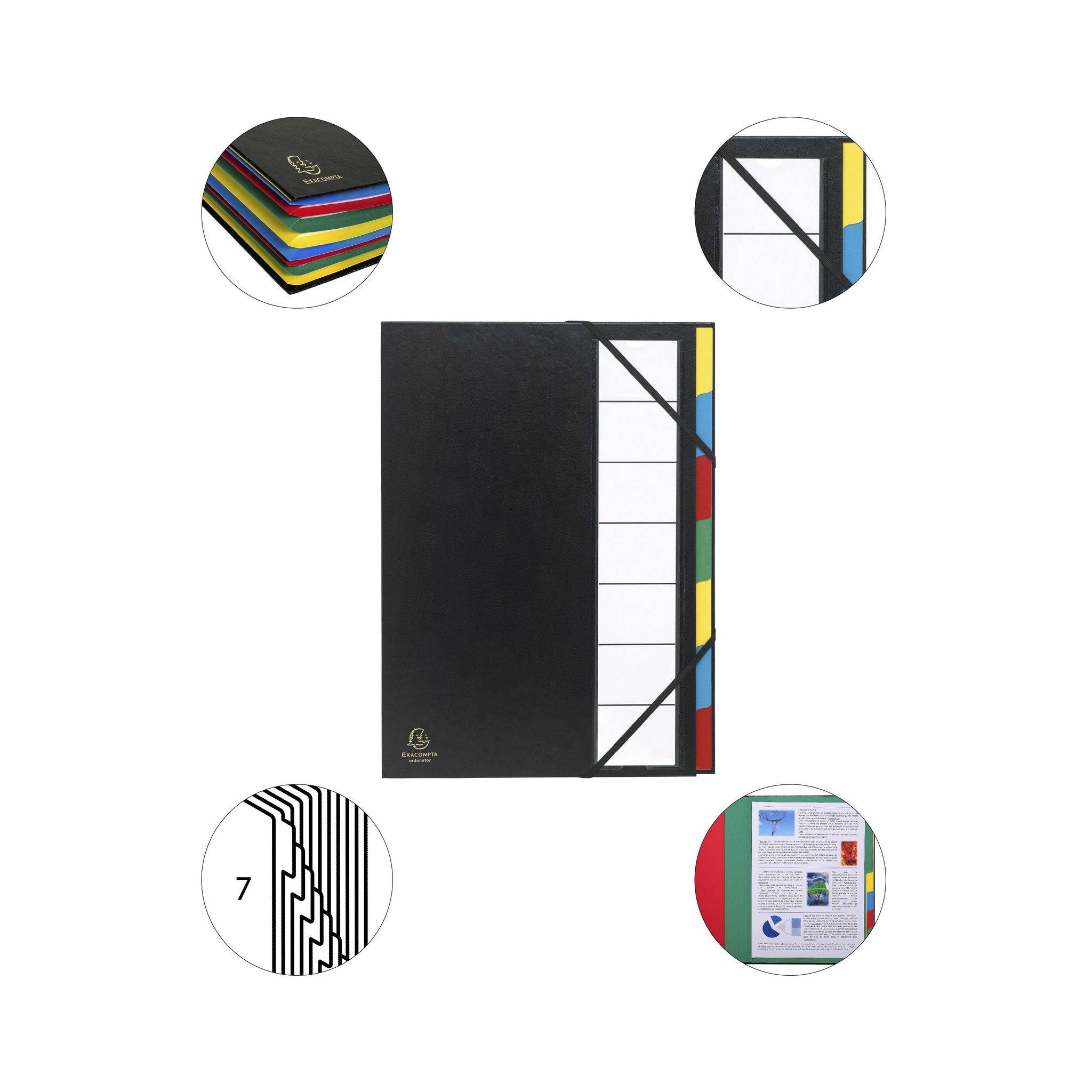 Exacompta 6x Ordnungsmappe Deckel 3mm Gummizug 7 Fächer A4 Schwarz 55321E