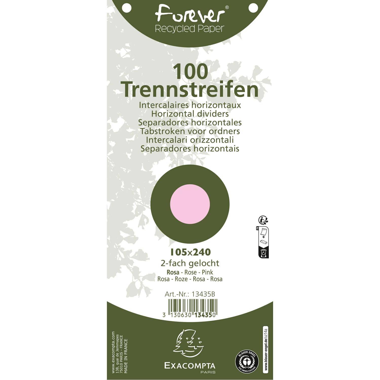 Verpackung für „Forever Recycled Paper" 100 horizontale Trennblätter, 105x240, rosarote Einlagen mit 2 Löchern von Exacompta Paris.