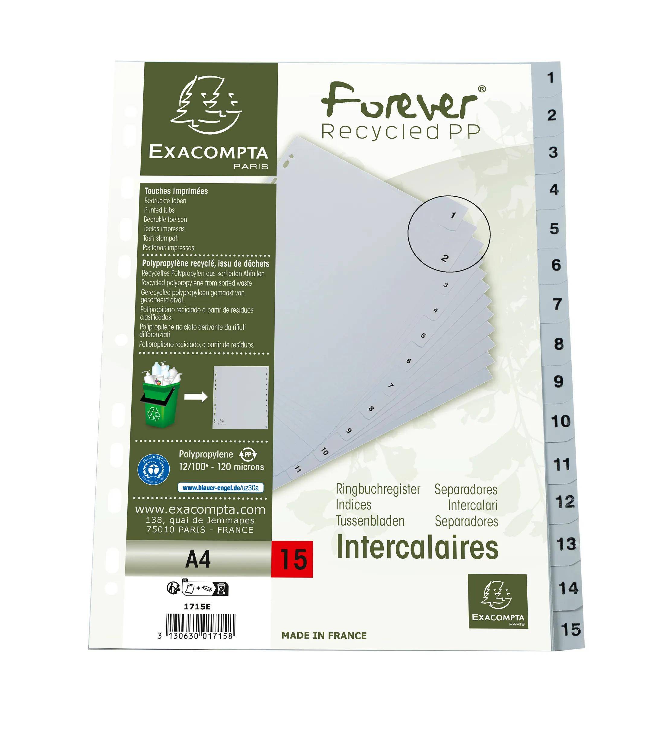 Exacompta 20x Register A4 RC-PP grau 120µ Taben 1-15 15 Positionen Grau 1715E