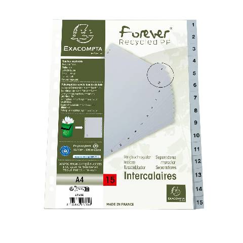 Exacompta 20x Register A4 RC-PP grau 120µ Taben 1-15 15 Positionen Grau 1715E