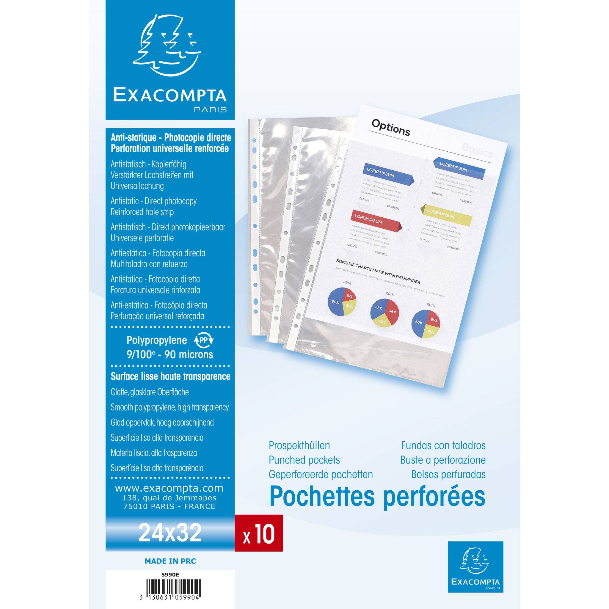 Exacompta 10x 10 Prospekthüllen gelocht glatt PP oben geöffnet Kristall 5990E