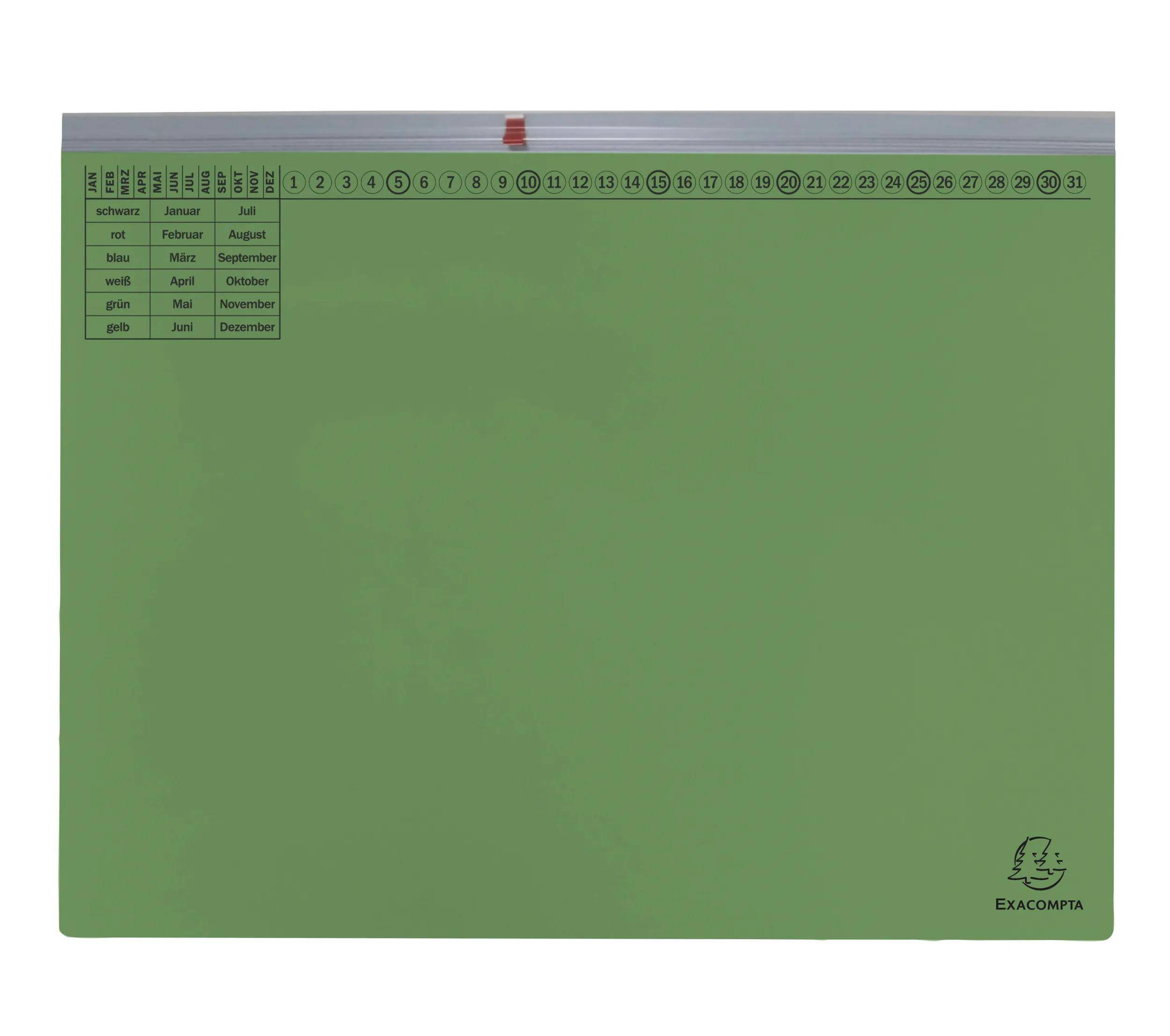 Eine grüne Kalenderseite mit nummerierten Tagen 1 bis 31 oben und deutschen Monaten auf der linken Seite aufgelistet.
