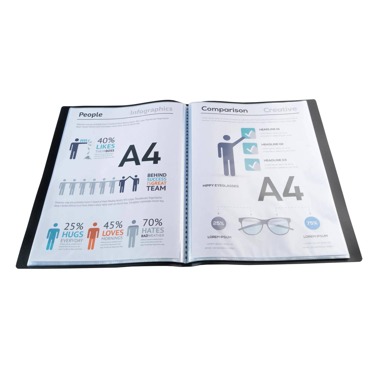 Aufgeschlagenes Buch mit A4-Format-Infografiken und Vergleichsseiten mit stilisierten Personensymbolen, Prozentsätzen und Brillengrafiken.