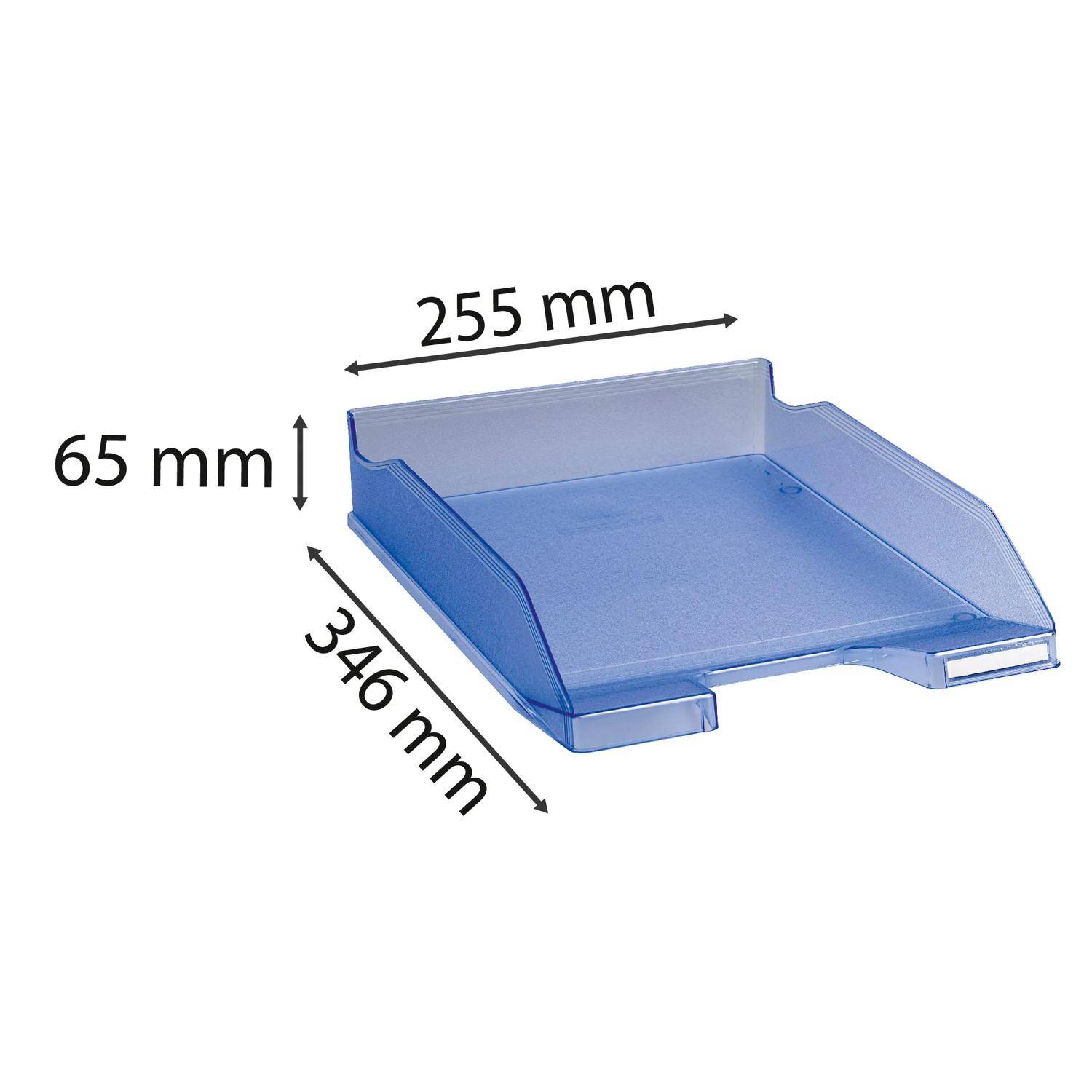 Blaues Kunststoff-Dokumentenfach mit gekennzeichneten Abmessungen von 255 mm Breite, 346 mm Tiefe und 65 mm Höhe.