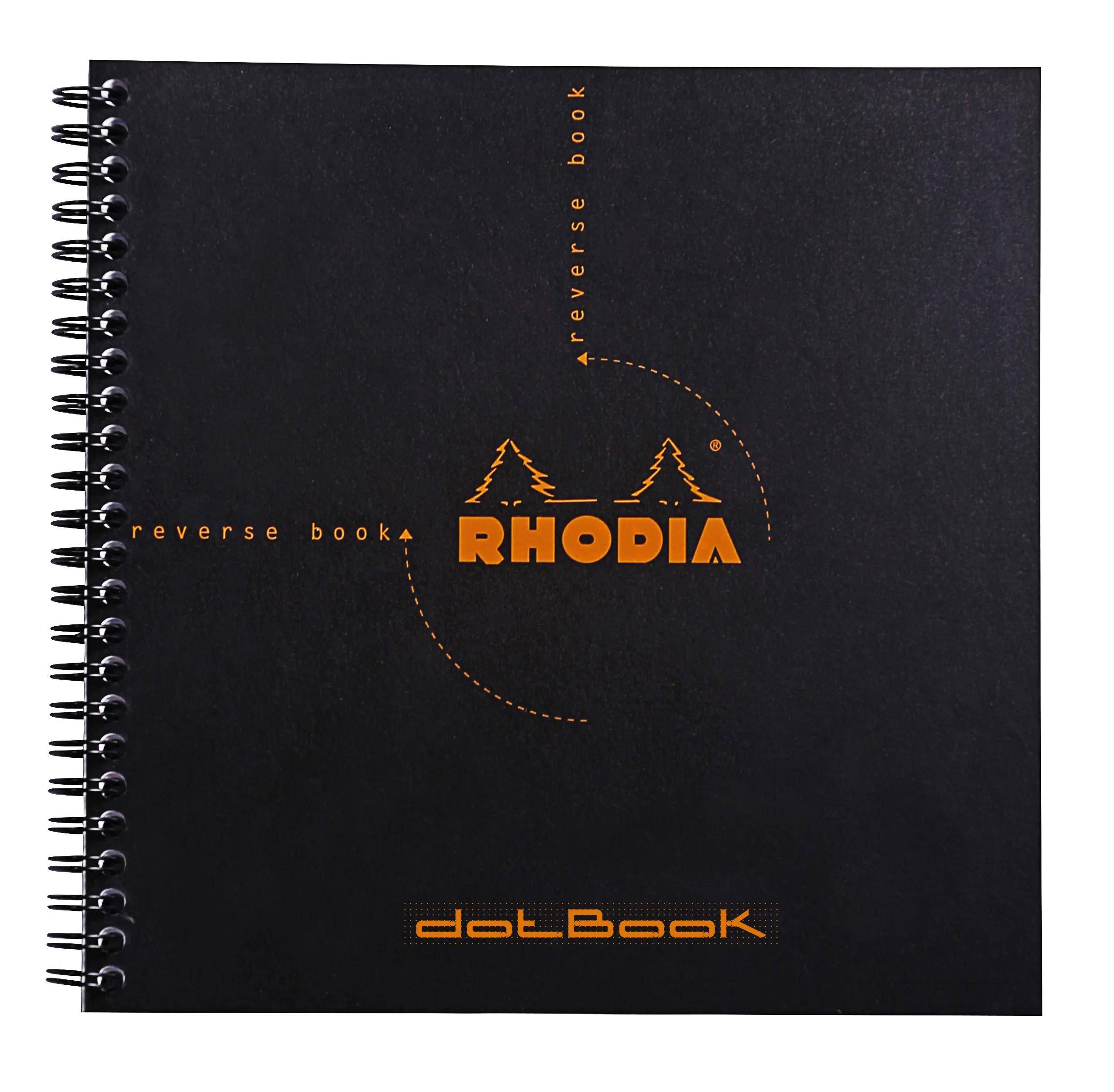 Schwarzer spiralgebundener Notizbucheinband mit „RHODIA reverse book dotBook