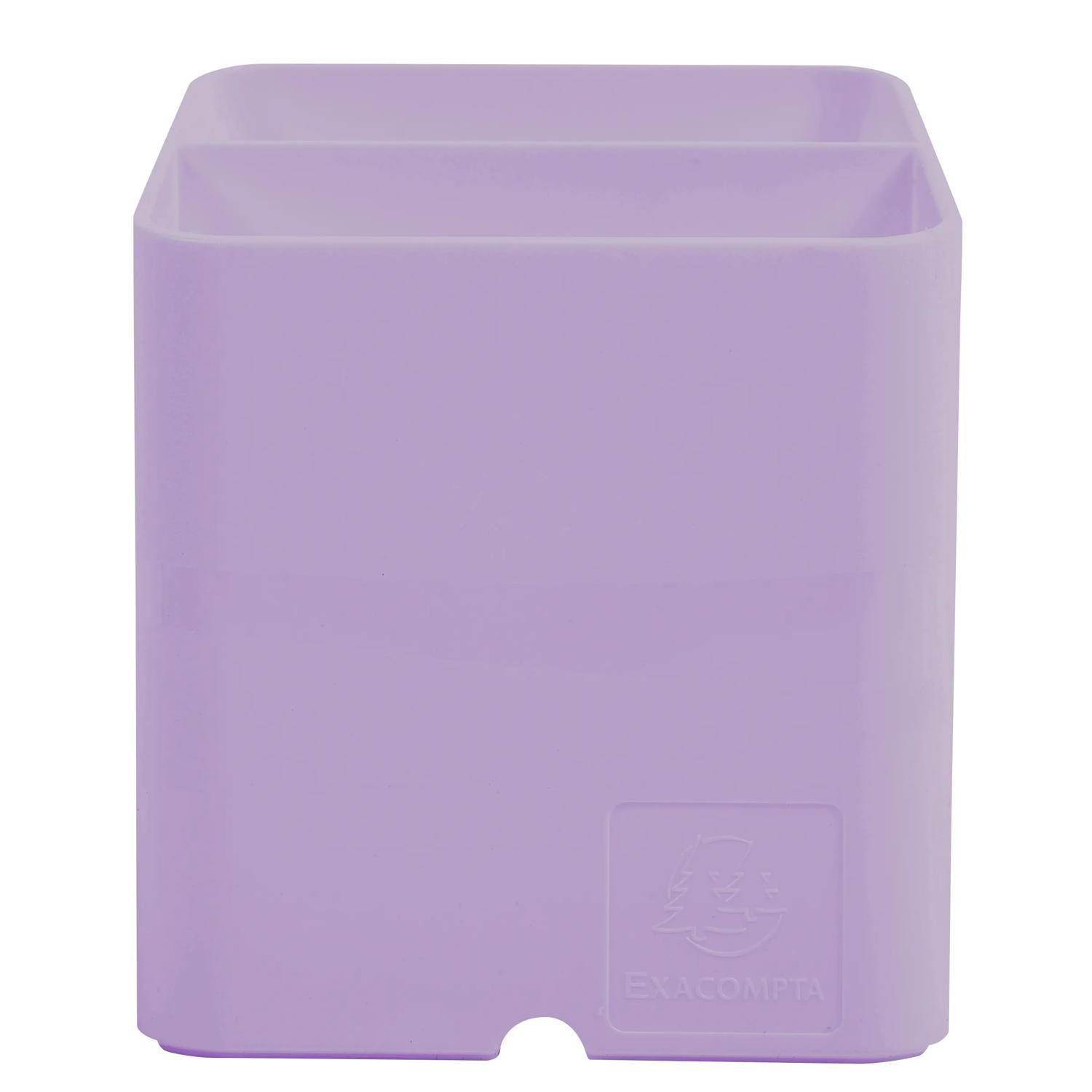 Violette durchscheinende Kunststoff-Aufbewahrungsbox mit offener Oberseite und einer kleinen Kerbe an der unteren Vorderseite.