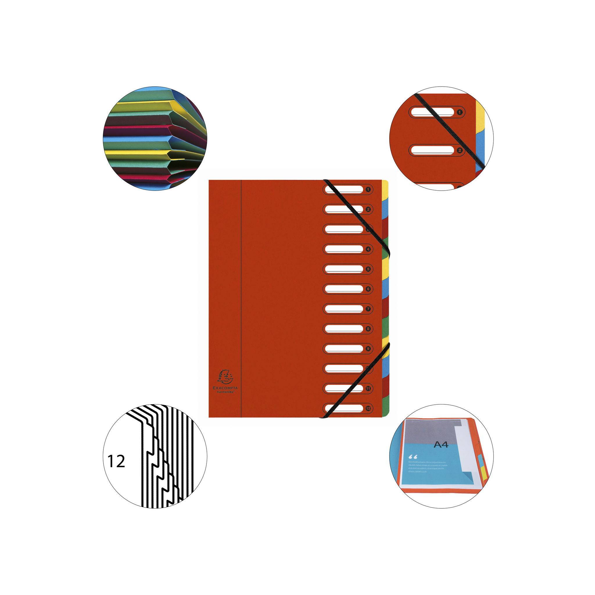 Exacompta 6x Ordnungsmappe HARMONIKA Gummizug Karton 12 Fächern A4 Rot 55125E