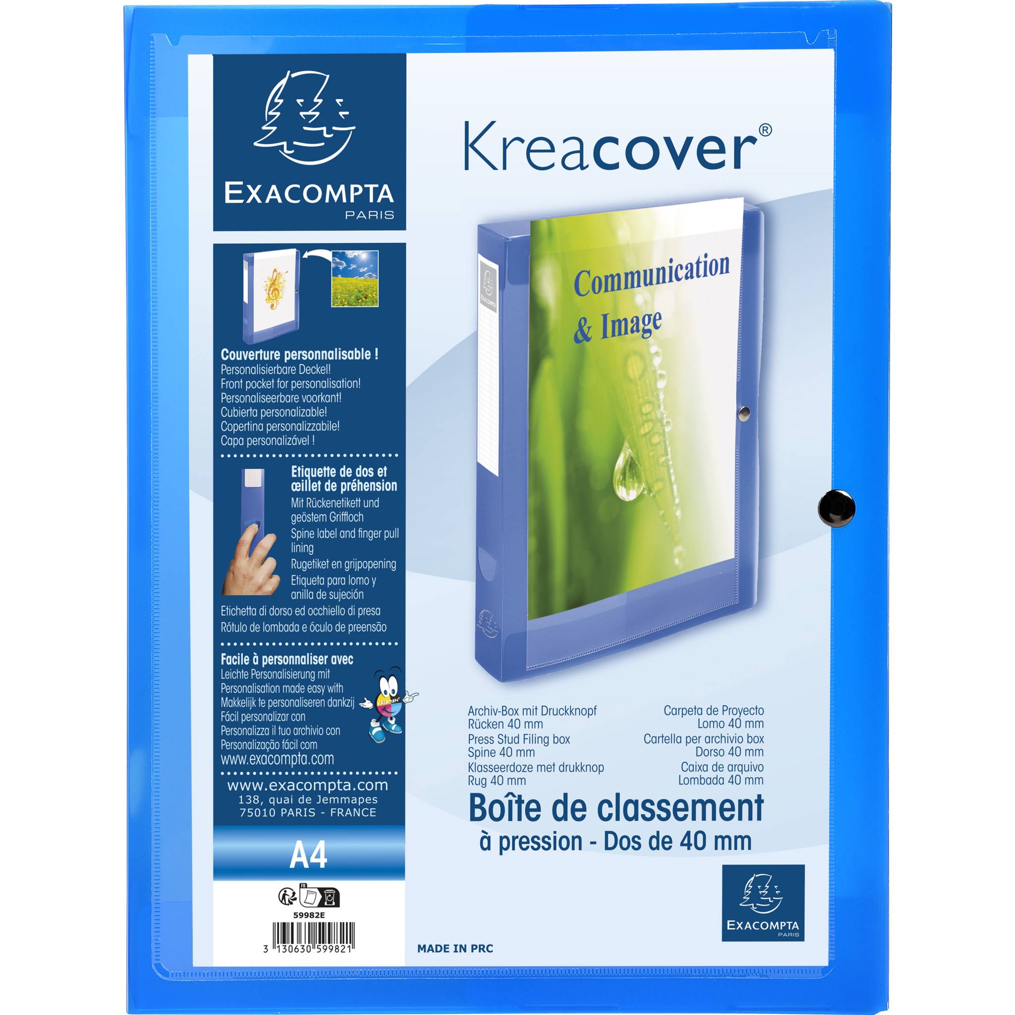Exacompta 5x Archivbox + Knopf PP 700µ, Rücken 40mm, A4, Blau, 59982E