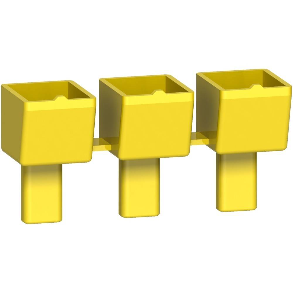 Drei gelbe LEGO-Verbindungssteine horizontal ausgerichtet, jeder mit einem erweiterten quadratischen Oberteil und einer zylindrischen Basis.