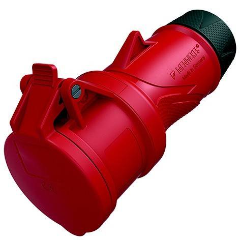 Roter Stecker für industrielle Stromversorgung mit schwarzer Kappe auf weißem Hintergrund.