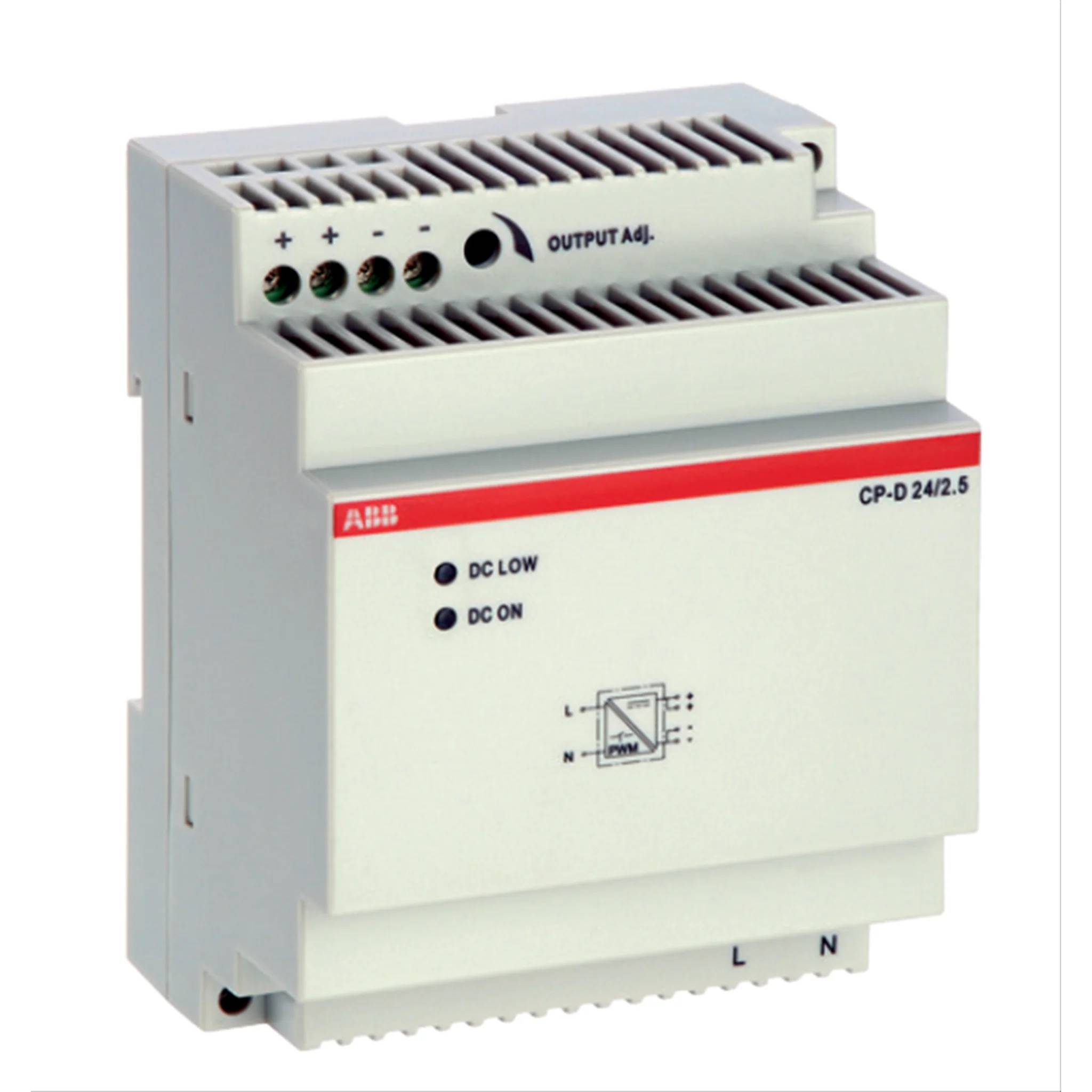 ABB CP-D 24/2.5 DIN-Schienenstromversorgung mit DC LOW und DC ON Indikatoren, Ausgangsregelung und L/N-Anschlüssen.