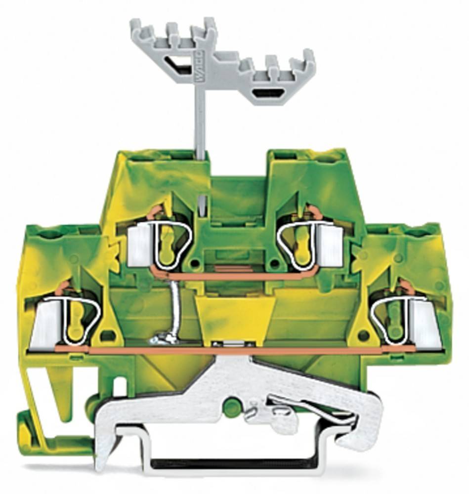 Ein Terminalbauteil, das Innenkomponenten mit einem mehrfarbigen Design und einem Metallverbinder an der Oberseite zeigt und einen Verdrahtungsanschlusspunkt veranschaulicht.