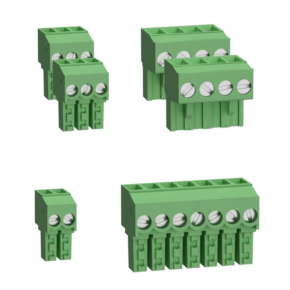 Vier grüne Klemmenblöcke in verschiedenen Größen, die für elektrische Verbindungen verwendet werden, jeweils mit mehreren Schraubenklemmen für sichere Kabelanbindung.