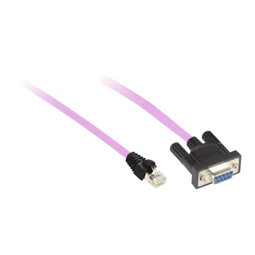 Ein lila Kabel mit einem RJ-45-Stecker an einem Ende und einem VGA-Stecker am anderen Ende, das für Daten- und Videoverbindungen konzipiert ist.