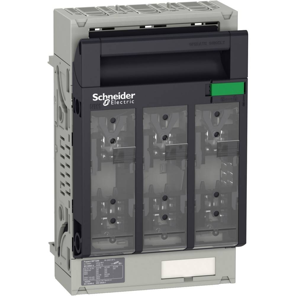 Ein Schaltanlagengerät von Schneider Electric, das drei transparente Schlitze zur Schaltkreisinstallation zeigt, mit einer grünen Anzeige in der oberen rechten Ecke.