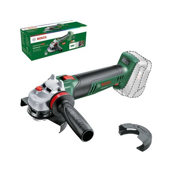 Bosch 18V Akku-Winkelschleifer mit Akku, dargestellt mit Verpackung und abnehmbarem Schutzvorrichtungs-Zubehör auf weißem Hintergrund.