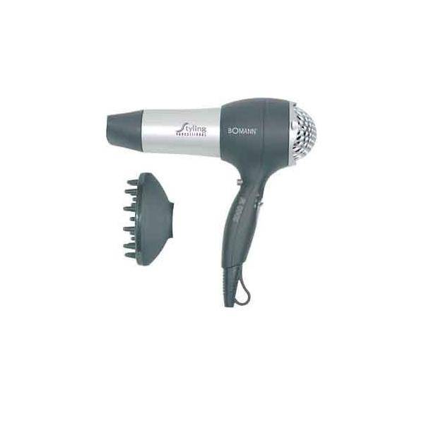 Haartrockner mit Diffusor-Aufsatz, schwarz und silber. Der Diffusor ist separat abgebildet, und der Trockner verfügt über ein Netzkabel für den elektrischen Anschluss.