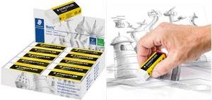 STAEDTLER Kunststoff-Radierer Noris, weiß, 20er Display mit Schiebe-Manschette in gelb/schwarz, einzeln in