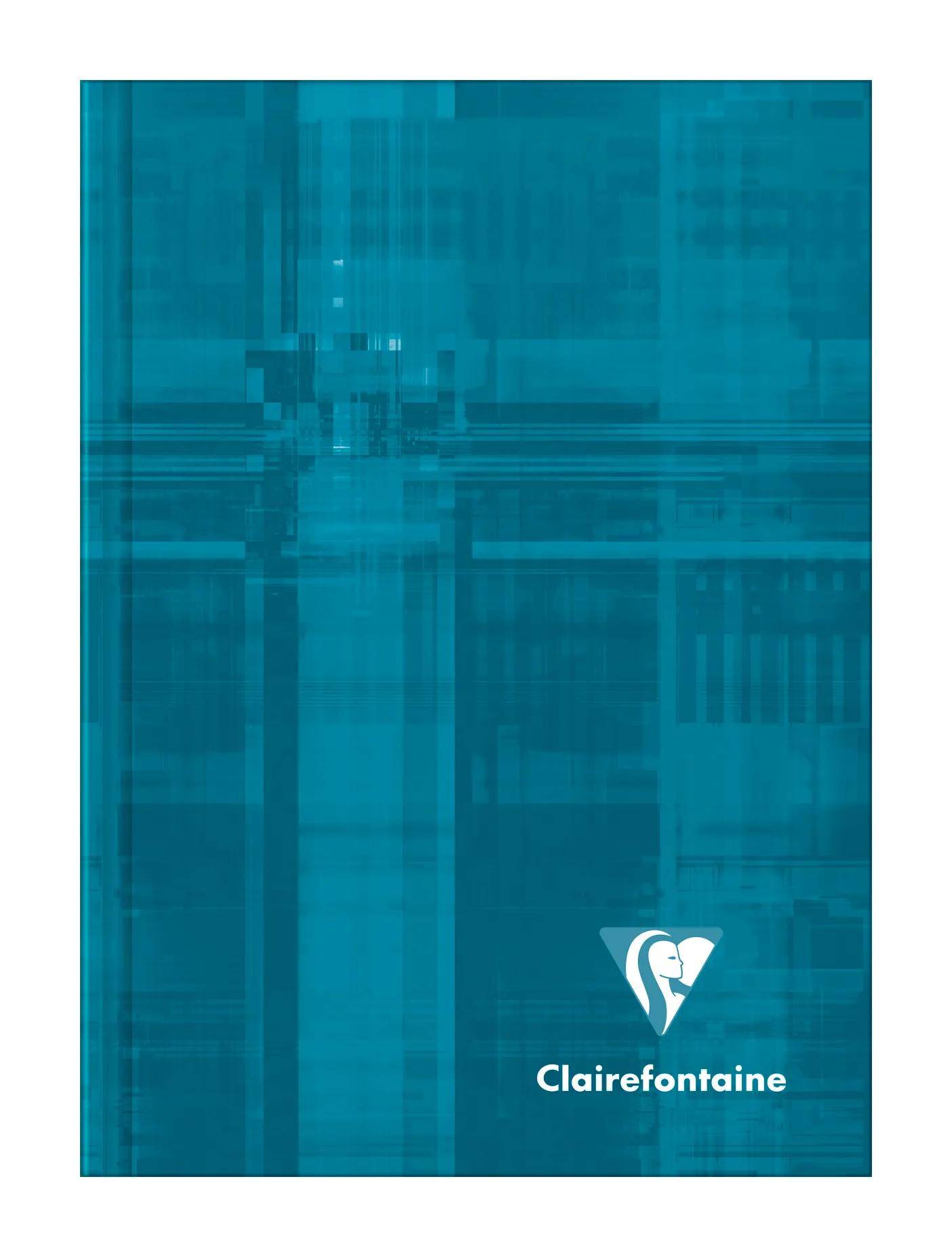 Türkisfarbener Clairefontaine Notizbucheinband mit abstraktem geometrischem Muster und weißem Logo in der Nähe des unteren Randes.