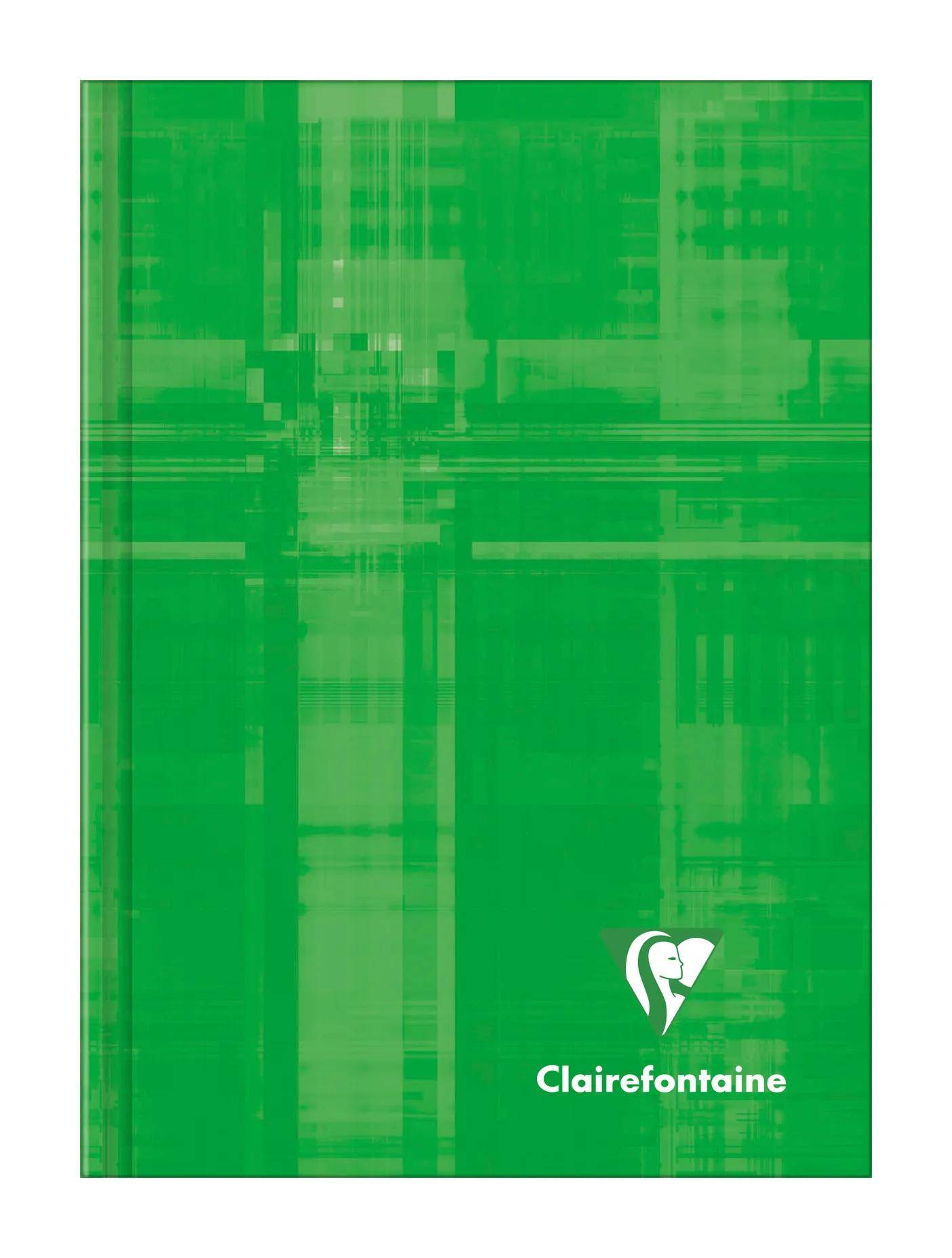 Grüner Clairefontaine-Notizbuchcover mit abstraktem Karomuster und weißem Logo in der Nähe der unteren rechten Ecke.
