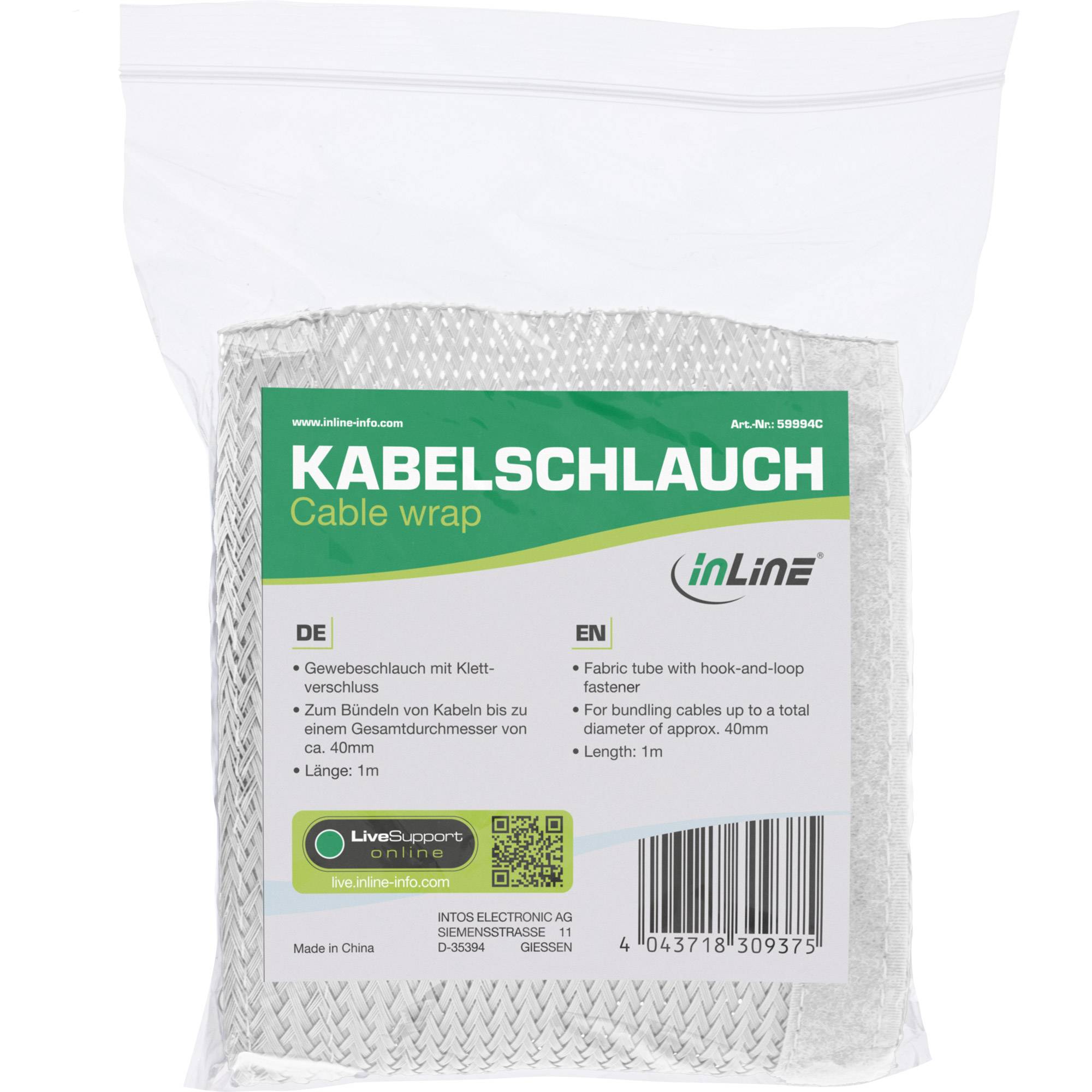 INLINE - Kabelschlauch - Gewebeschlauch mit Klettverschluss - 1m x 40mm weiß