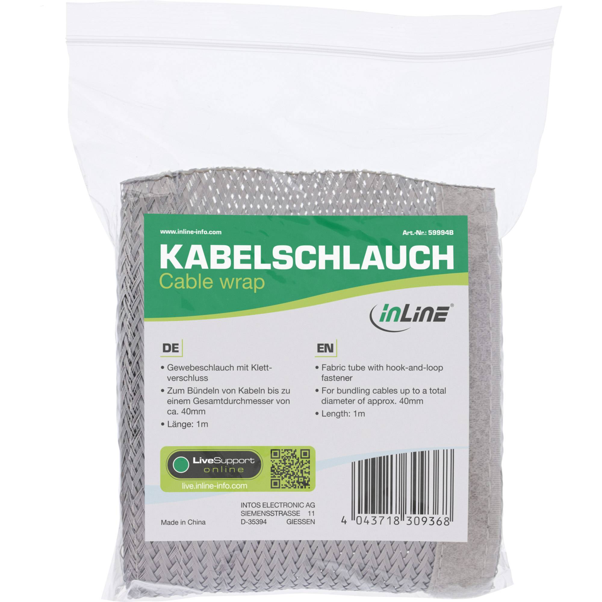 INLINE - Kabelschlauch - Gewebeschlauch mit Klettverschluss - 1m x 40mm grau
