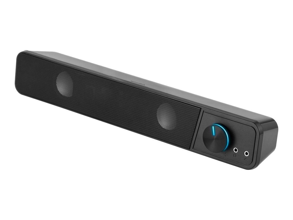 Schwarze Soundbar mit zwei Treibern und Lautstärkeregler auf der rechten Seite mit blauem Licht, gezeigt auf weißem Hintergrund.