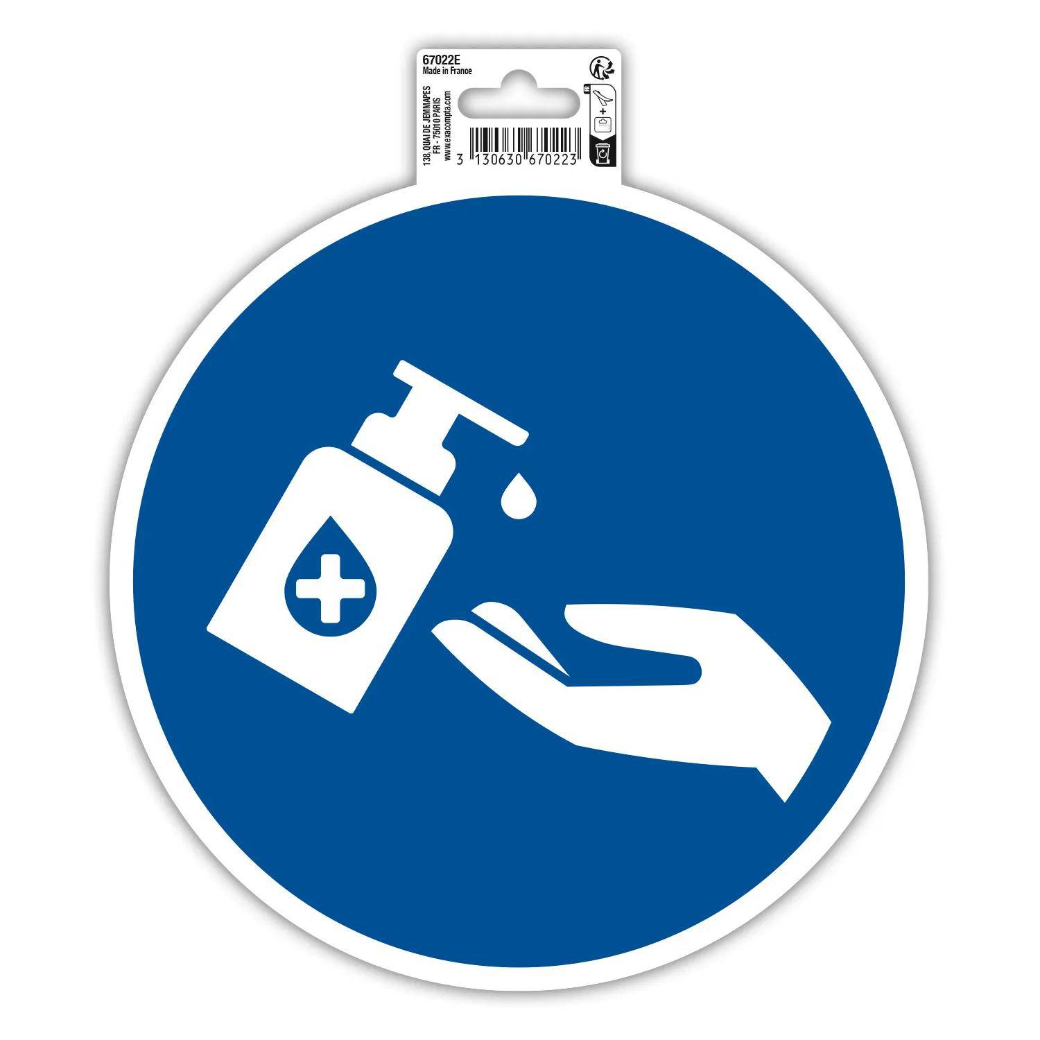 Blaues rundes Sicherheitszeichen, das eine Hand zeigt, die einen Tropfen aus einer Pumpflasche mit einem medizinischen Kreuz empfängt, was auf Händedesinfektion oder Hygienegebrauch hinweist.