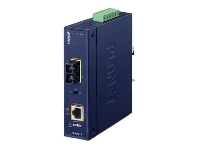 Industrieller PLANET Ethernet-Schalter mit zwei vorderen RJ45-Anschlüssen und einem grünen Anschlussblock oben auf einem blauen Metallgehäuse.