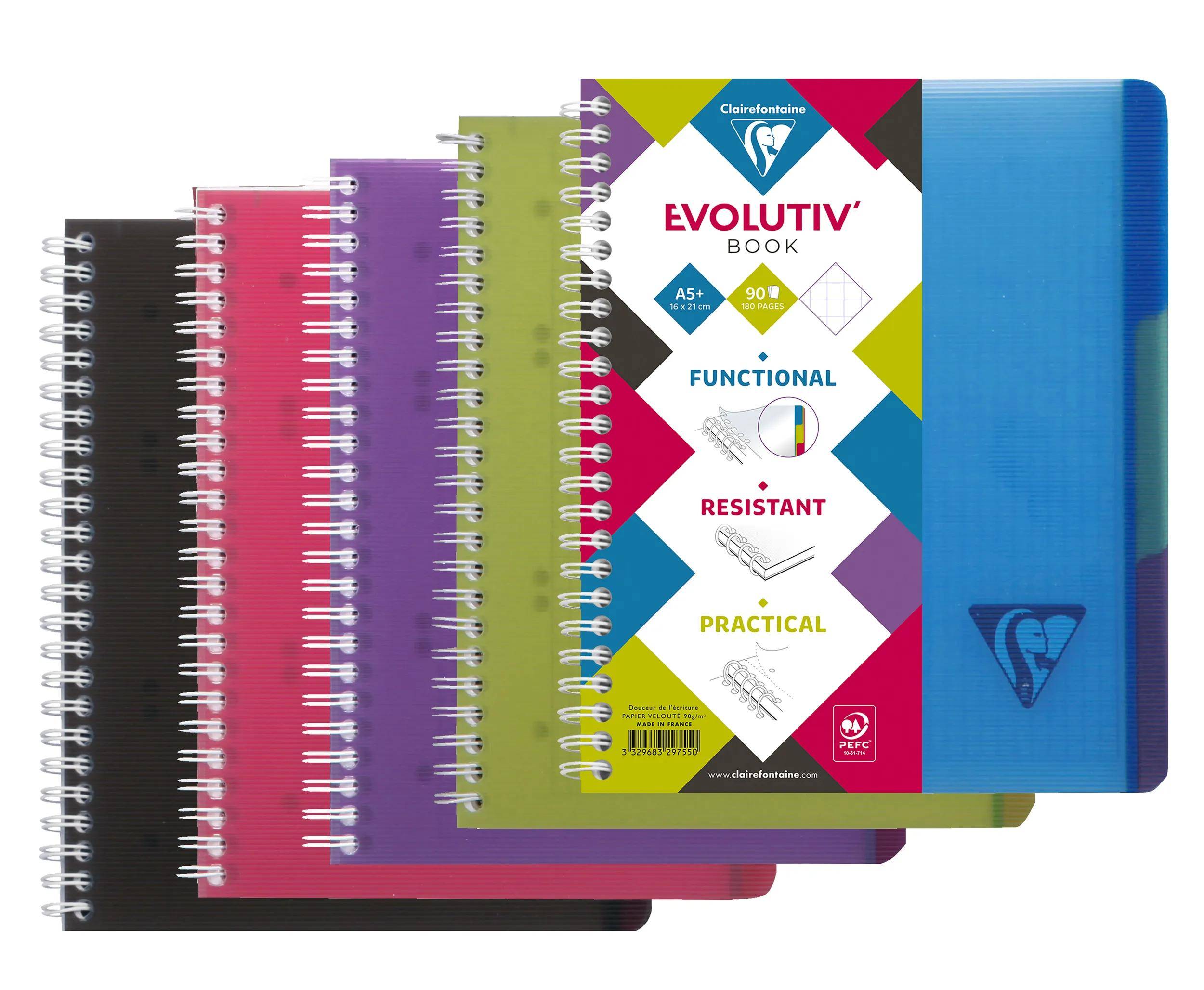 Stapel von spiralgebundenen Evoutiv-Notizbuchumschlägen in Schwarz, Rosa, Lila, Grün und Blau, mit dem vorderen Notizbuch mit der Aufschrift 