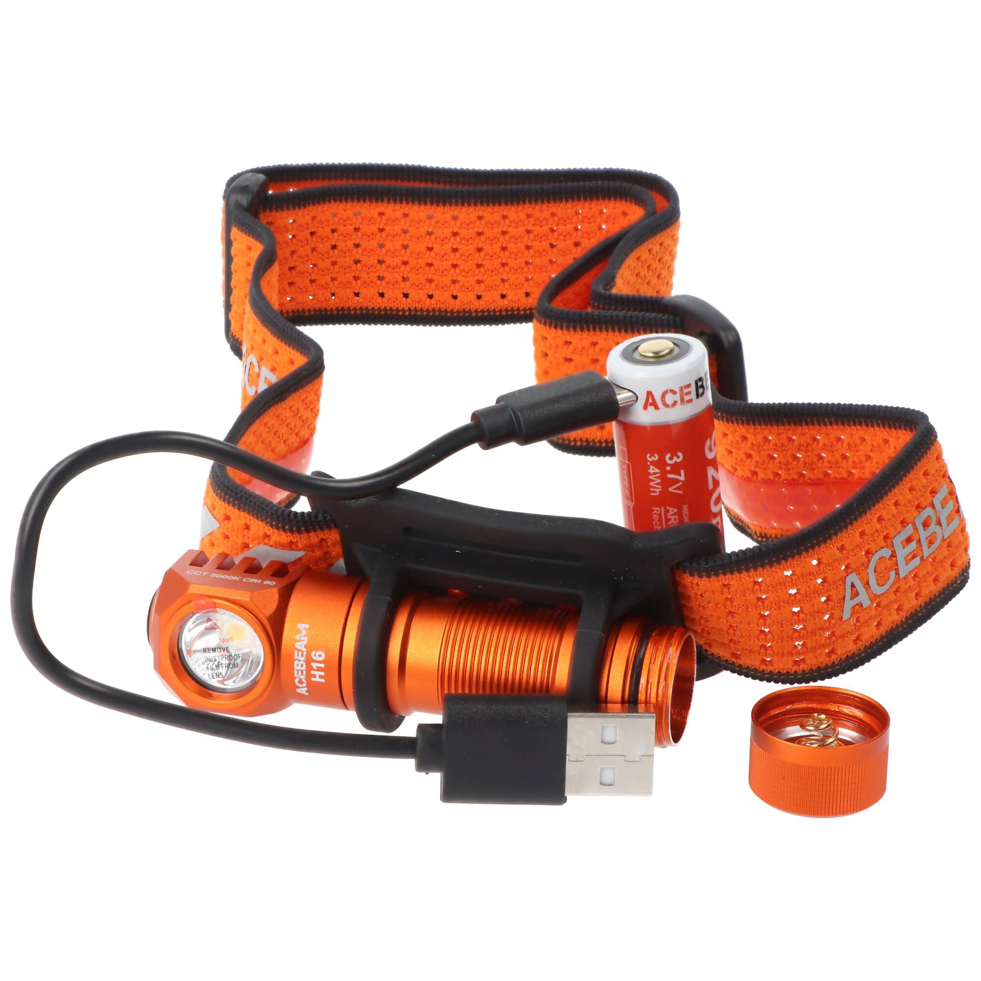 AceBeam H16 LED Stirnlampe mit max. 650 Lumen, 5.000K neutralweiß mit orangenem Gehäuse, inklusive 14500 Li-Ion Akku