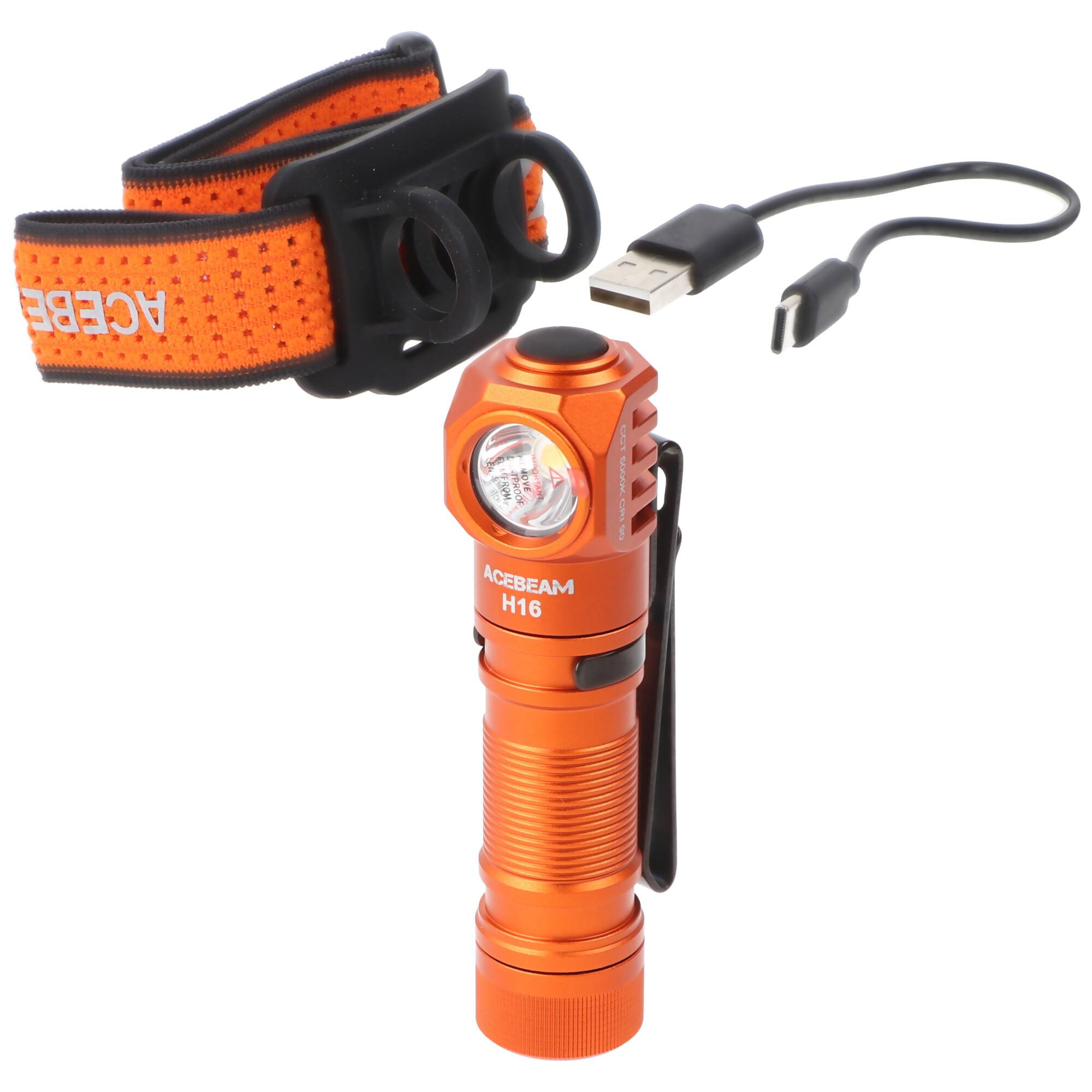 AceBeam H16 LED Stirnlampe mit max. 650 Lumen, 5.000K neutralweiß mit orangenem Gehäuse, inklusive 14500 Li-Ion Akku