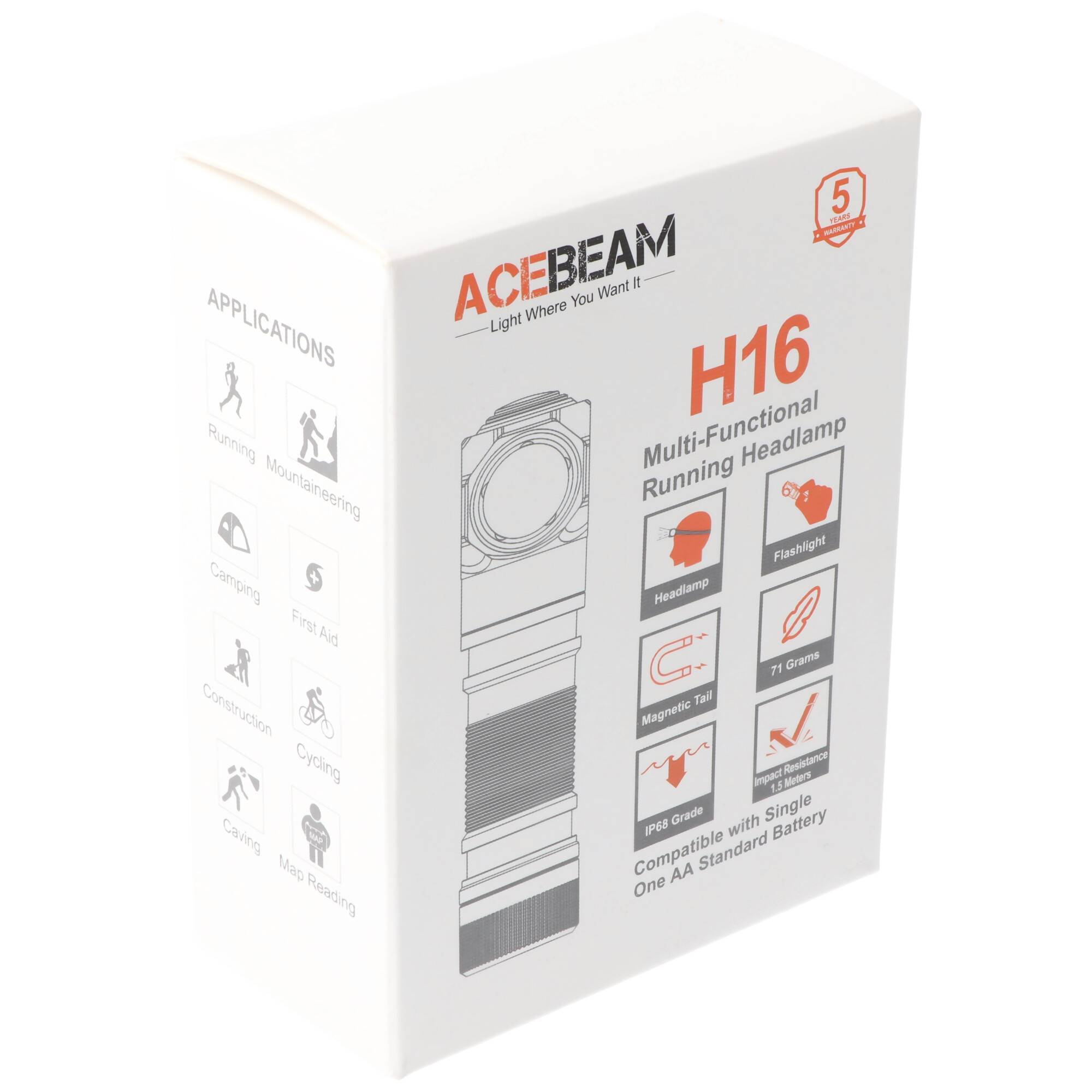 AceBeam H16 LED Stirnlampe mit max. 650 Lumen, 5.000K neutralweiß mit orangenem Gehäuse, inklusive 14500 Li-Ion Akku