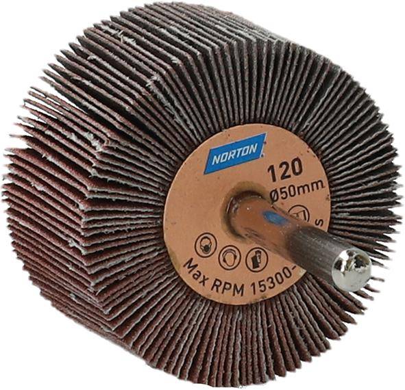 Ein zylindrisches Fächerschleifrad mit zentraler Metallstange. Beschriftet mit „Norton 120, Ø50mm, max. Drehzahl 15300 U/min.