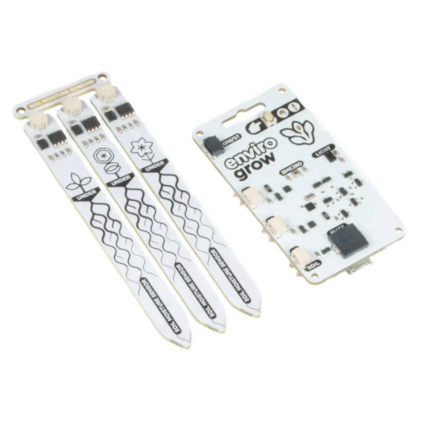 Enviro Grow' Sensor-Kit und Erweiterungen, entwickelt zur Überwachung von Pflanzenwachstum, einschließlich Licht, Feuchtigkeit und anderen Umweltfaktoren.