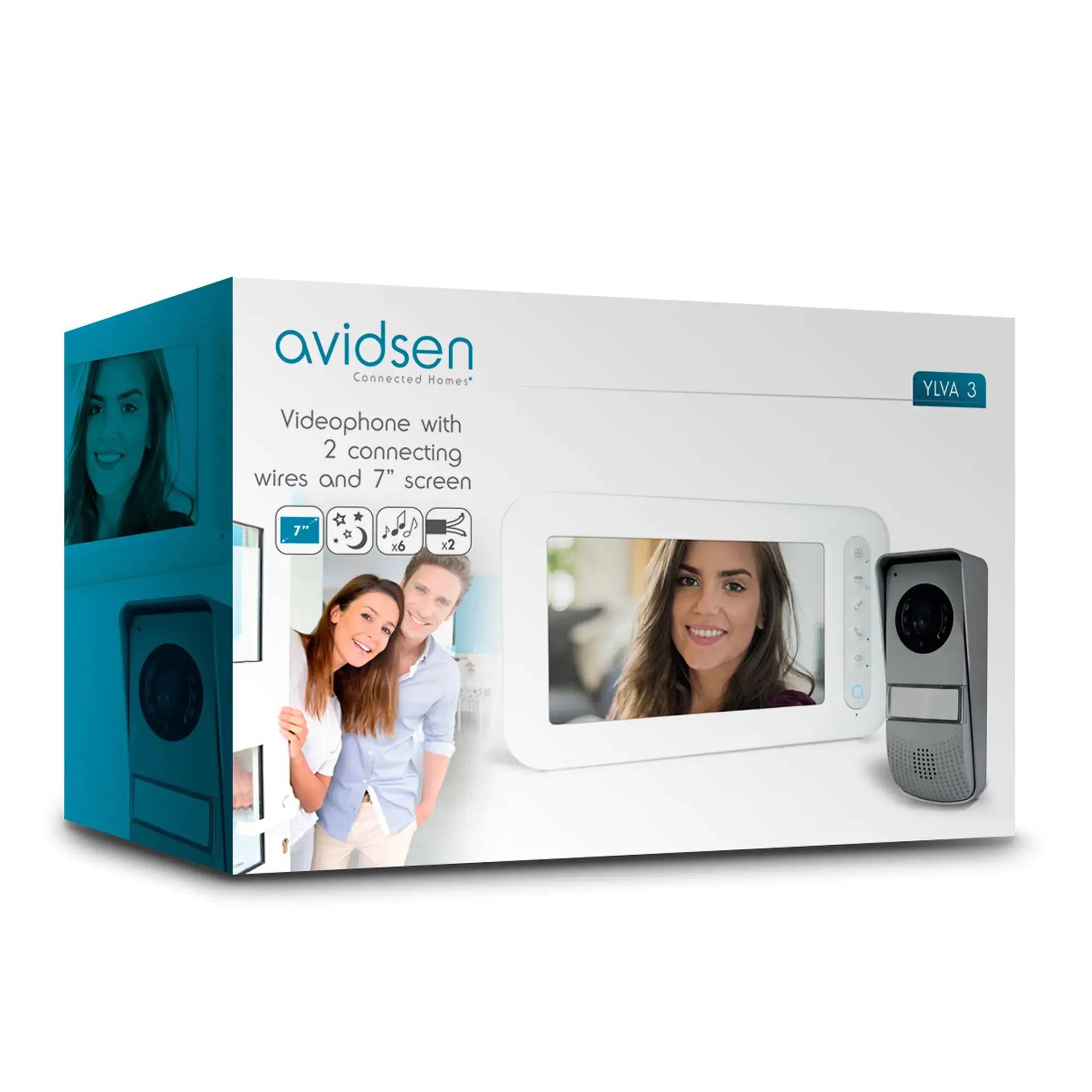 Avidsen Ylva 3 Videosprechanlage-Set mit 7-Zoll-Bildschirm, Innenmonitor und Außenkamera-Türklingeleinheit.