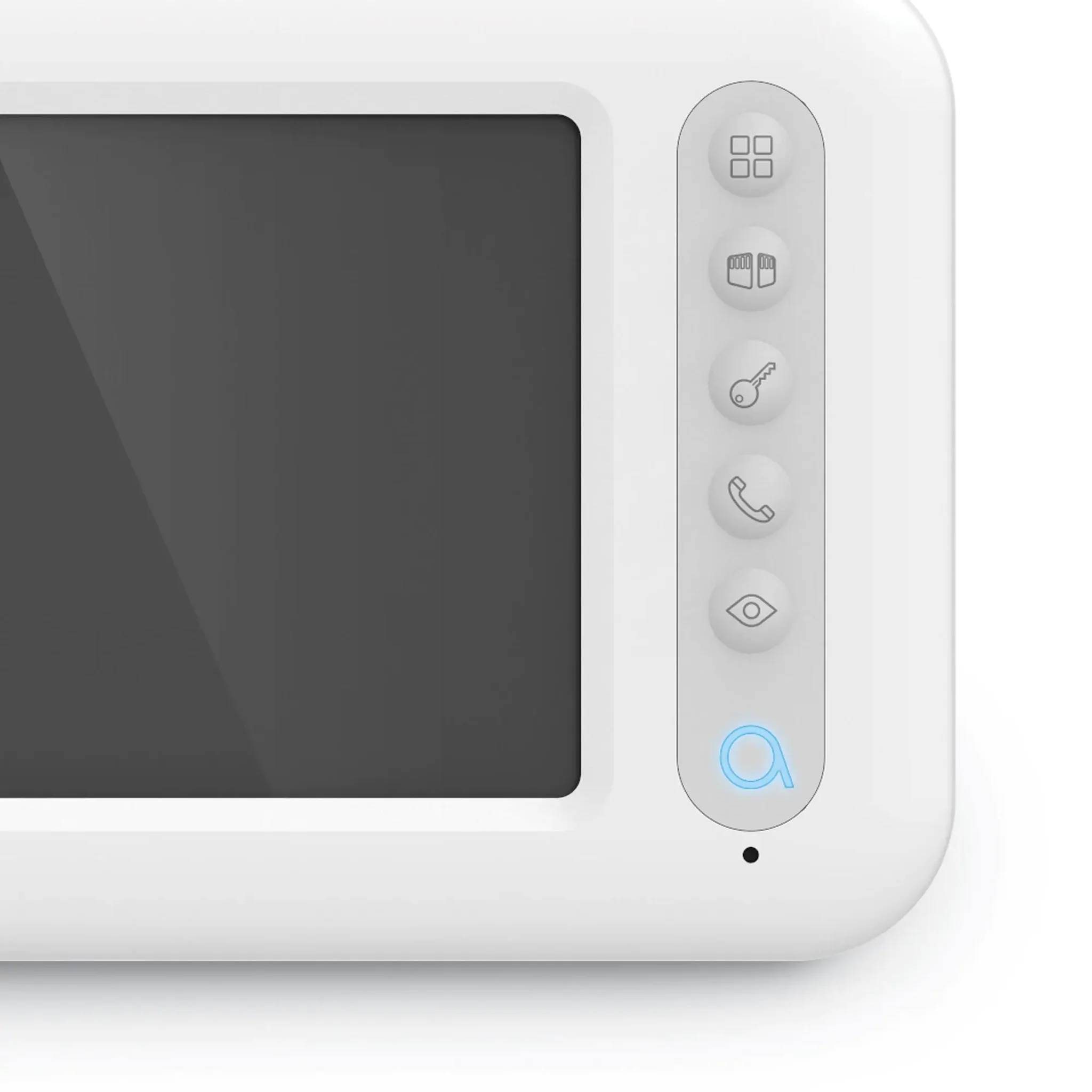 Nahaufnahme eines weißen Touchscreen-Geräts mit leerem Display und einer vertikalen Spalte von Icon-Schaltflächen auf der rechten Seite, einschließlich einer blau hervorgehobenen Lupe.