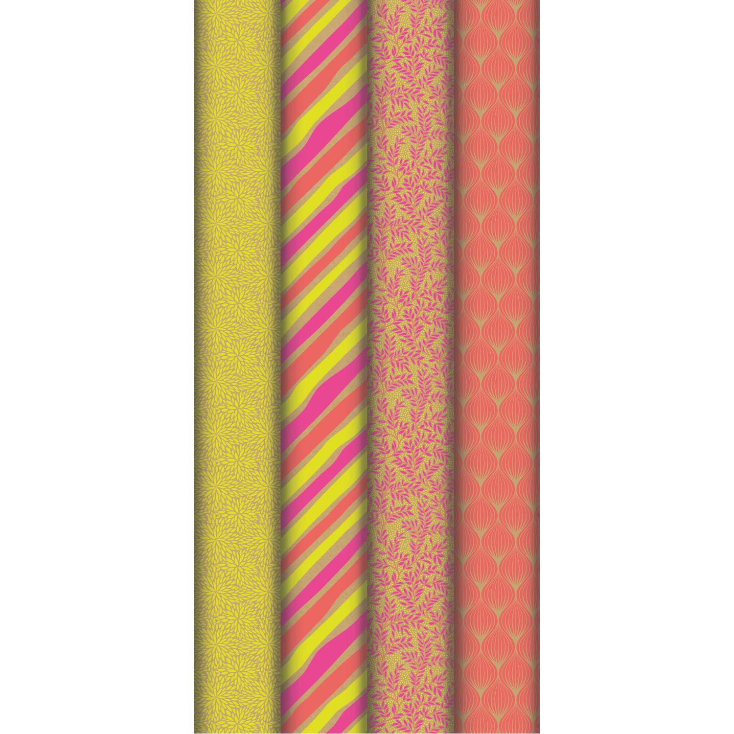 Vier vertikale Rollen gemustertes Dekorationspapier in gelben, rosa gestreiften, rosa gesprenkelten und korallenrosa Designs auf weißem Hintergrund.