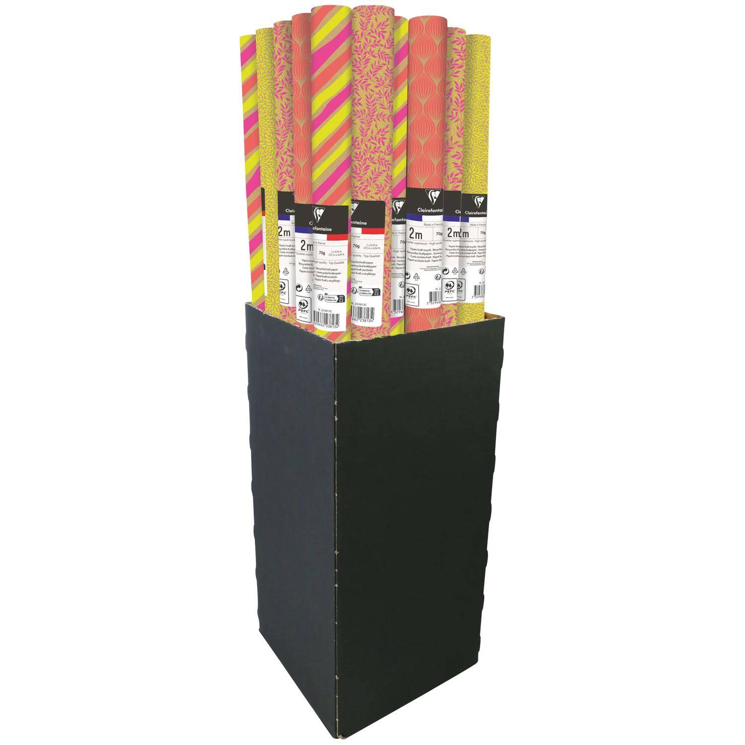 Displayständer mit mehreren Rollen farbenfrohem Geschenkpapier oder Geschenkverpackung in einem schwarzen Bodenbehälter.