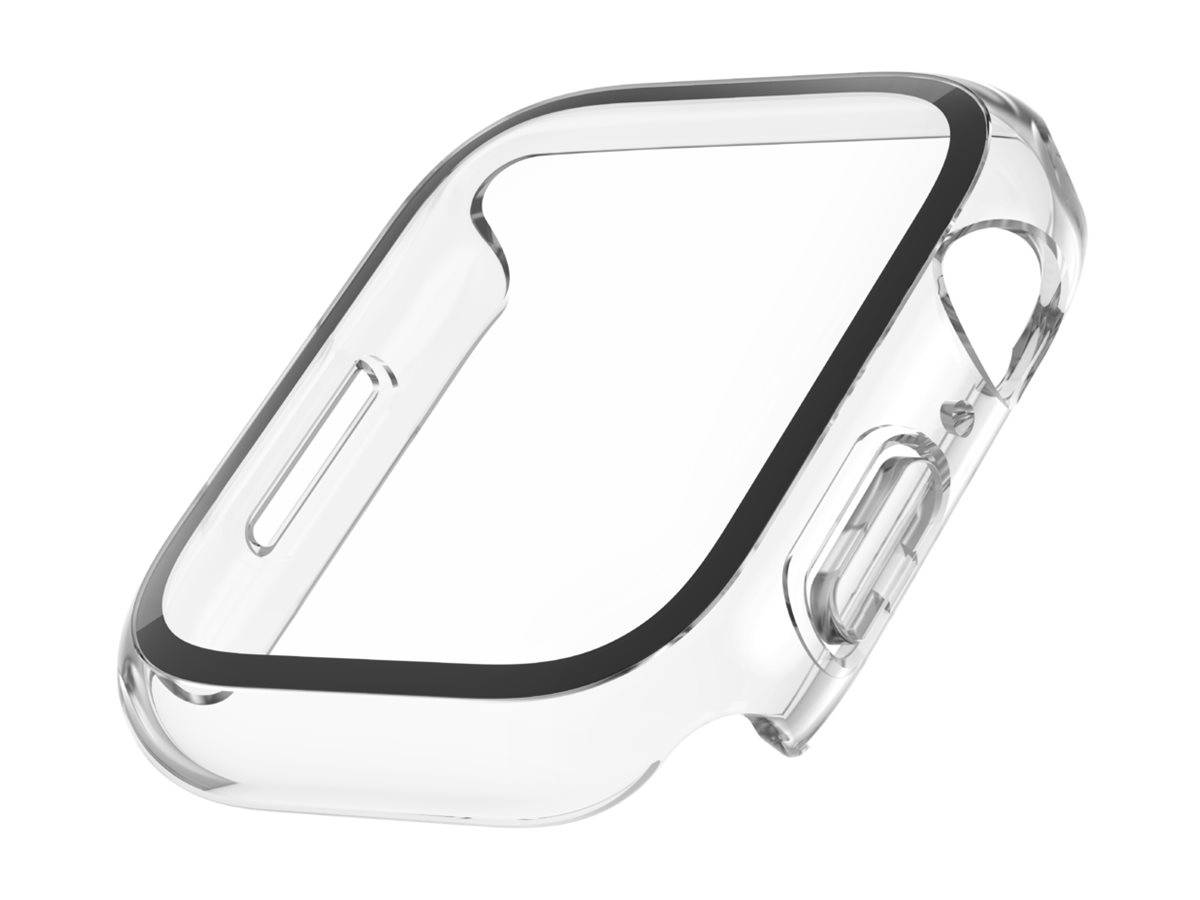 Transparente durchsichtige Schutzhülle für eine Smartwatch oder einen Fitness-Tracker, in schräger Perspektive auf weißem Hintergrund dargestellt.