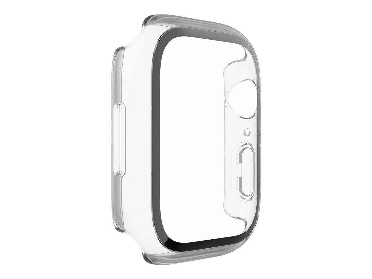 Klare Schutzhülle für eine Smartwatch, in Seitenansicht auf weißem Hintergrund dargestellt.
