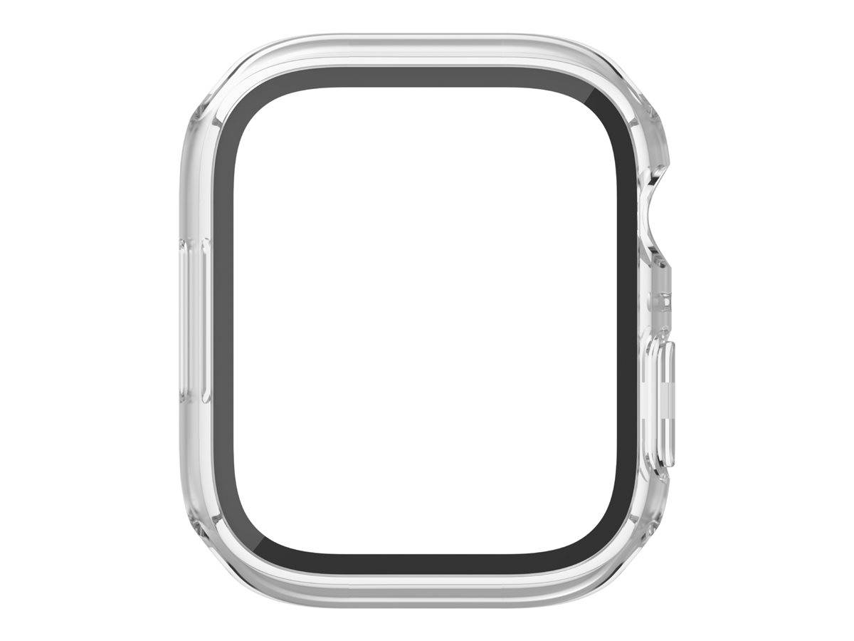 Klare Schutzhülle für eine quadratische Smartwatch, Vorderansicht auf weißem Hintergrund.