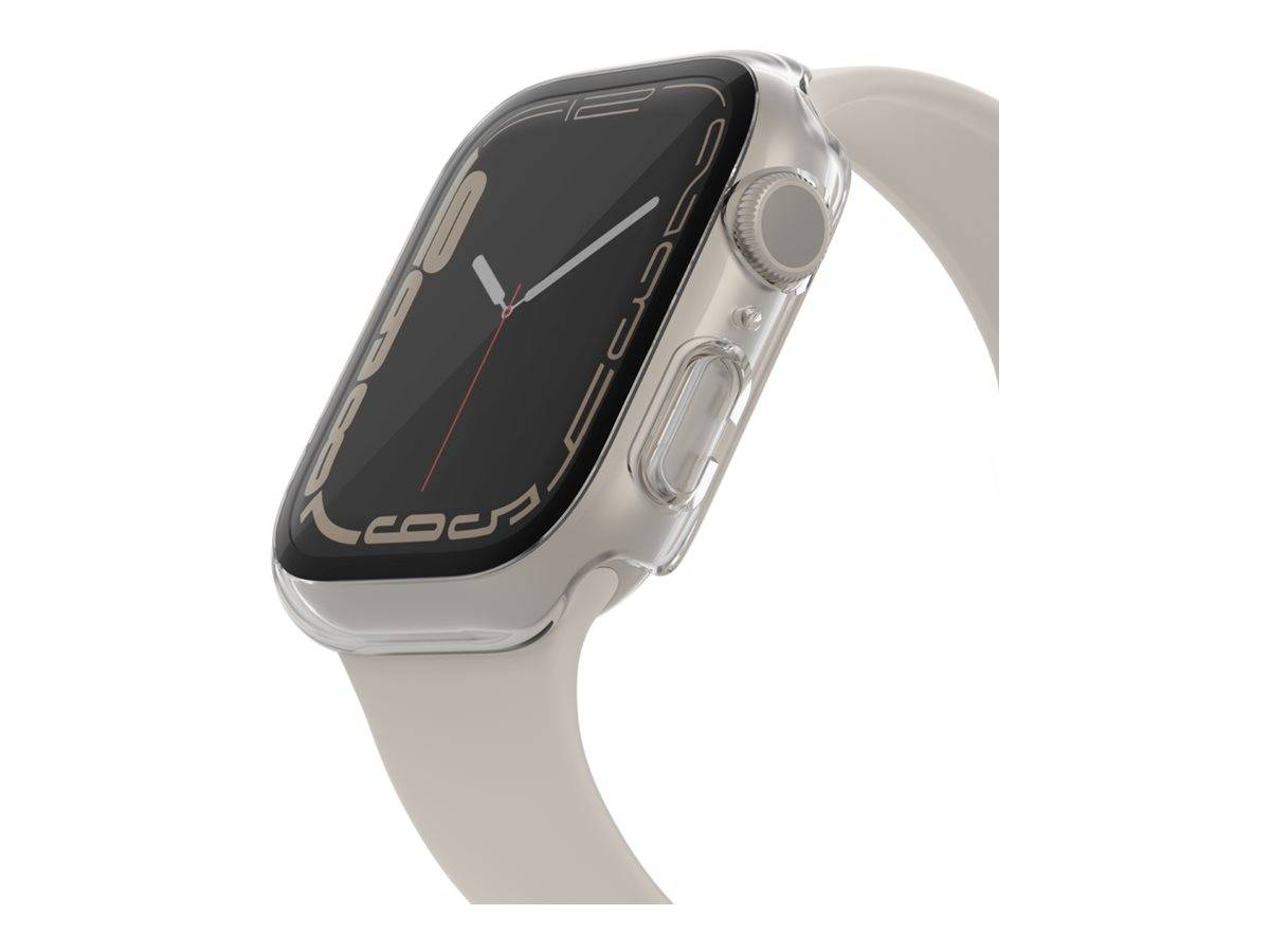 Silberne Smartwatch mit beigem Armband, in einer schrägen Nahaufnahme dargestellt, die ein analoges Zifferblatt zeigt.