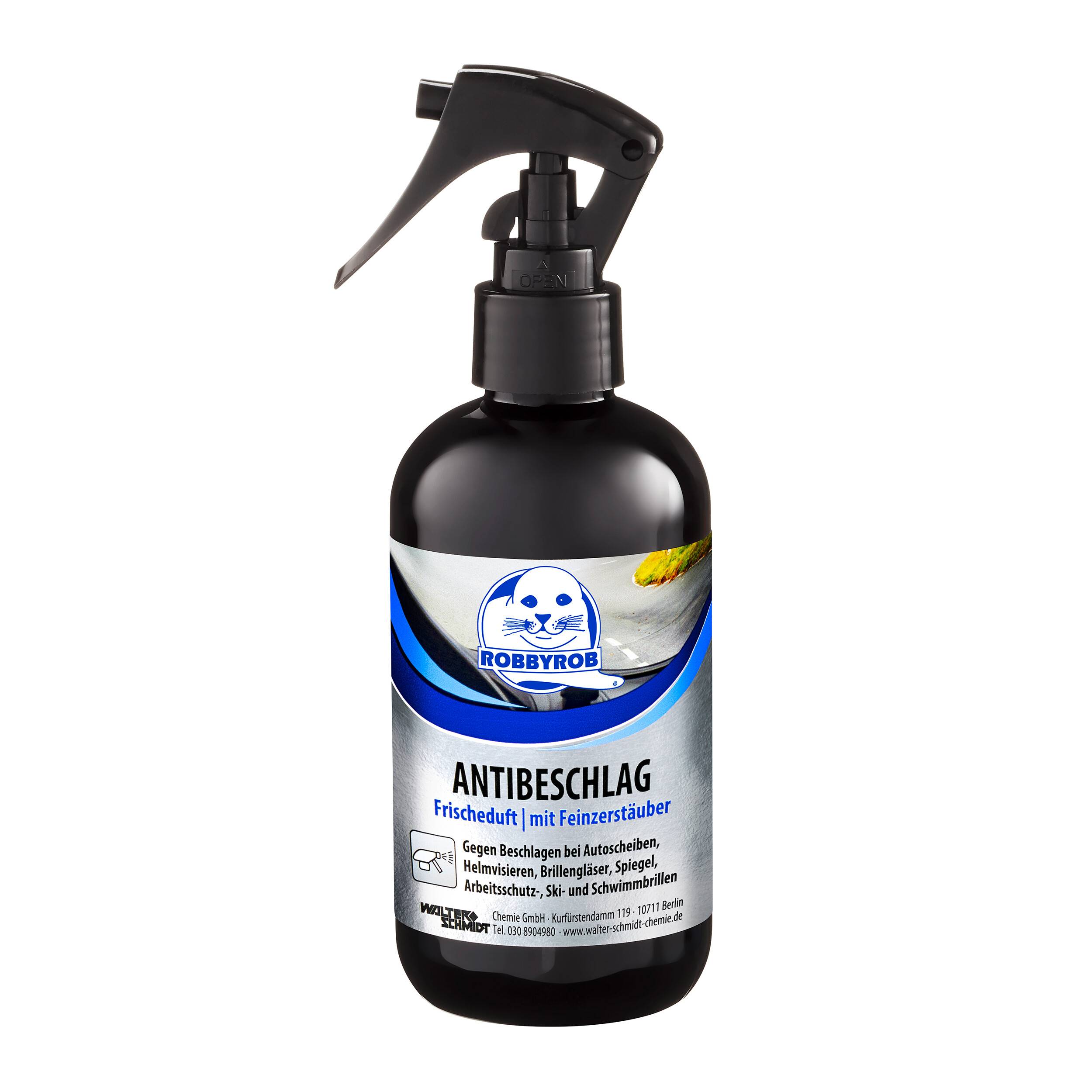 Schwarze Sprühflasche mit der Bezeichnung „ANTIBESCHLAG