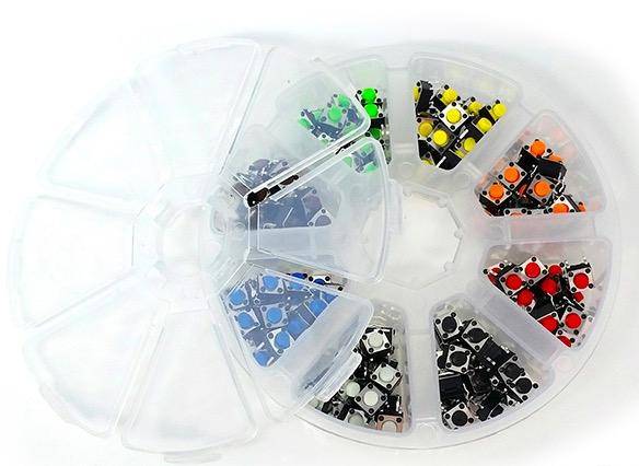 160-teiliges Kurzhubtaster-Sortiment, 6x6x5mm, 8 Farben, THT in Kunststoffdose
