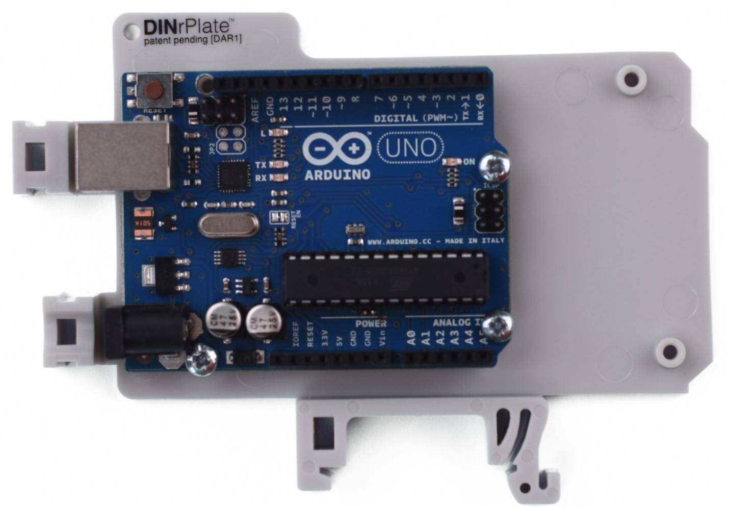 DINrPlate DAR1 - Hutschienenhalter für Arduino Uno / Mega, grau