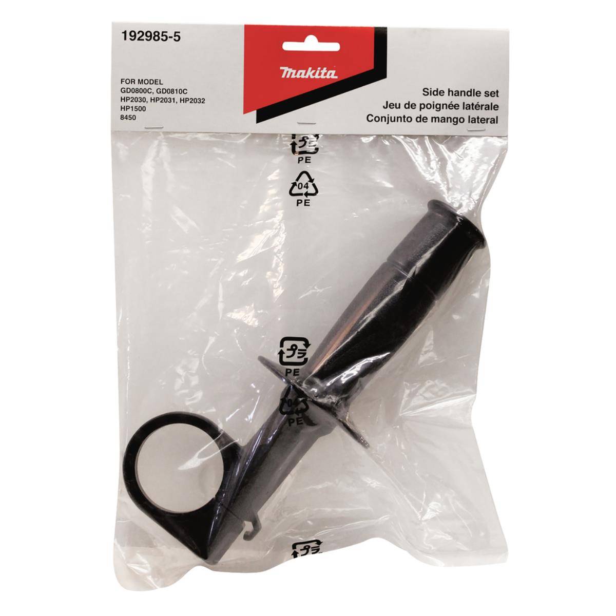 Makita-Seitenhgriff-Set in Kunststoffverpackung, gekennzeichnet für Modelle wie GD0800C und HP2030, Teilenummer 192985-5.