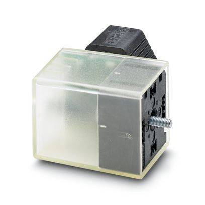 Ein Relaismodul mit transparentem Gehäuse und schwarzem Anschluss, bei dem die internen Komponenten sichtbar sind und eine metallene Schraube an der Seite zu sehen ist.